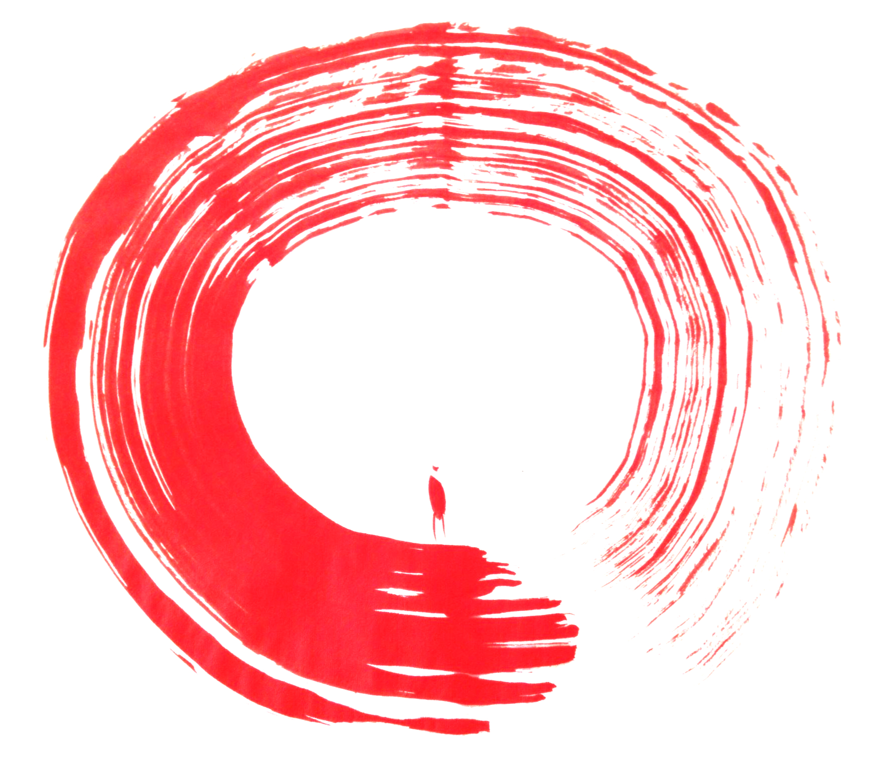 A red ensō brushstroke circle with a solitary figure